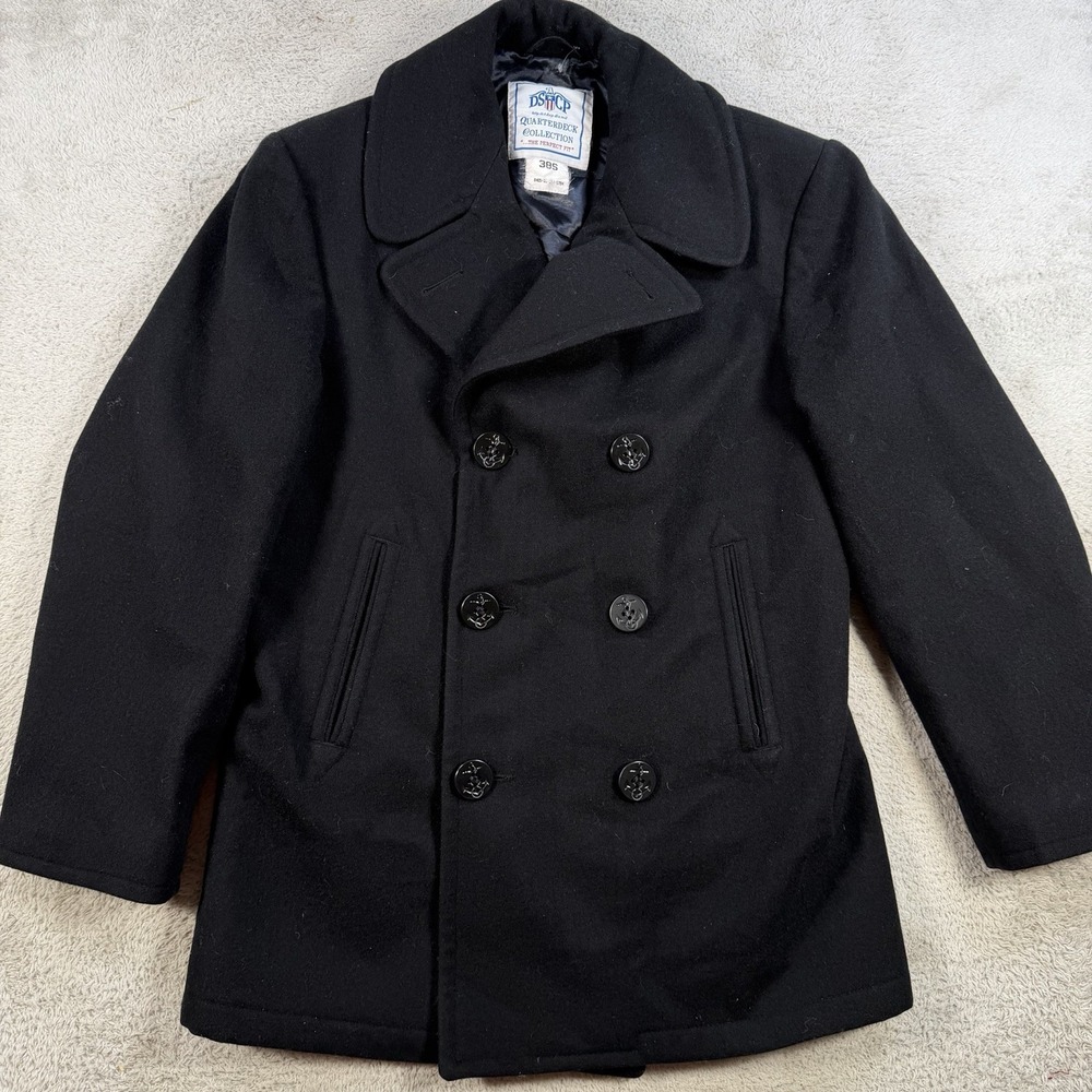 Vintage DSCP Quarterdeck Coat Mens 38S Black Navy Wool Peacoat Anchor Buttons